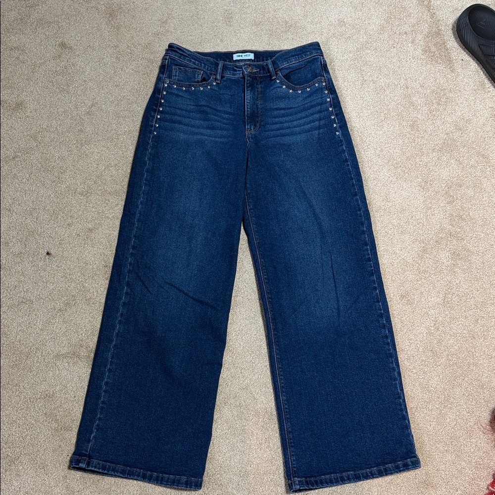 Nine West Dark Blue Wide-Leg Jeans with Stud Accents